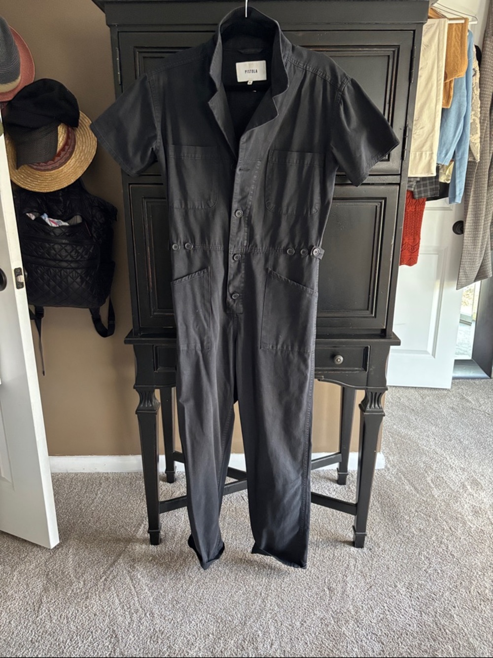 pistola Black Short-Sleeve Straight-Leg Utility Jumpsuit